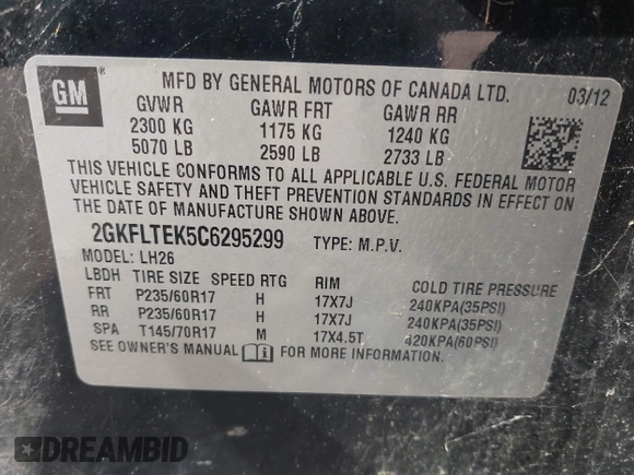 2012 GMC Terrain SLE-2 z VIN 2GKFLTEK5C6295299, wystawiony jako IAAI lot #42477464 z przebiegiem 166 288 mil mil oraz . Historia ofert i sprzedaży dostępna na DreamBid. Obrazek 9.