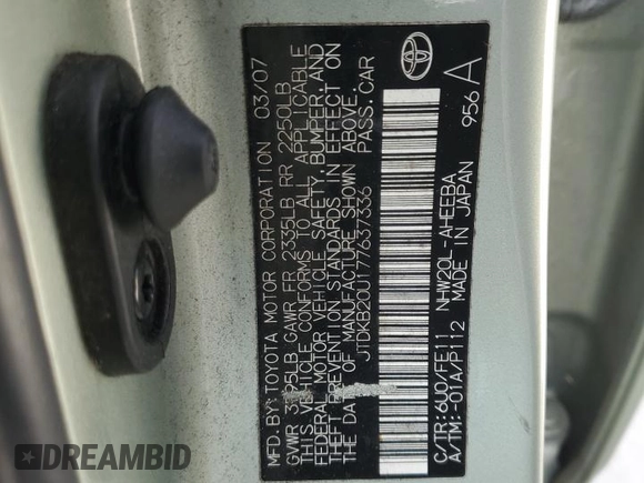 2007 Toyota Prius with VIN JTDKB20U177637336, listed as a Copart auction lot 54522875 with 207,862 mi miles and Salvage Title. Bid and sale history available at carsss.com. Image 12.