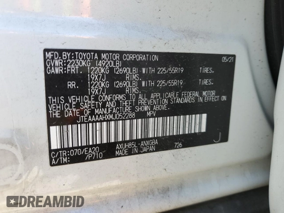 2021 Toyota Venza LE with VIN JTEAAAAHXMJ052288, listed as a Copart auction lot 63610772 with 16,961 mi miles. Bid and sale history available at carsss.com. Image 10.