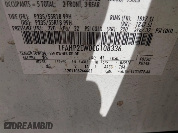 2012 Ford Taurus SEL with VIN 1FAHP2EW0CG108336, listed as a IAAI auction lot 41801077 with 229,387 mi miles and . Bid and sale history available at DreamBid. Image 9.