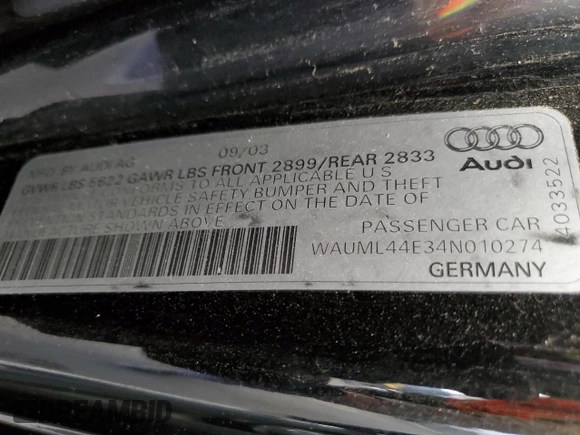 2004 Audi A8 с VIN WAUML44E34N010274, выставлен на аукционе Copart как лот 57658765 с пробегом 122 652 миль миль и Чистый • Clean title. История ставок и продаж доступна на DreamBid. Изображение 12.