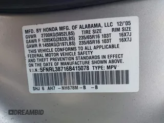 2006 Honda Odyssey EX-L with VIN 5FNRL38716B415078, listed as a IAAI auction lot 42188202 with 246,571 mi miles and . Bid and sale history available at DreamBid. Image 9.