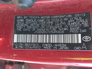 2012 Toyota Prius One with VIN JTDKN3DU1C5490626, listed as a IAAI auction lot 41792272 with 175,185 mi miles. Bid and sale history available at carsss.com. Image 9.