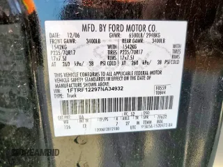 2007 Ford F-150 XL with VIN 1FTRF12297NA34932, listed as a Copart auction lot 60252625 with Not provided miles and Salvage title. Bid and sale history available at DreamBid. Image 12.