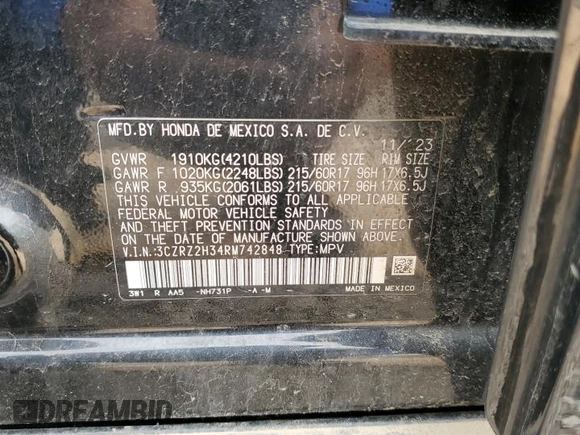 2024 Honda HR-V LX с VIN 3CZRZ2H34RM742848, выставлен на аукционе Copart как лот 56549235 с пробегом 10 753 миль миль и Списание • Salvage title. История ставок и продаж доступна на DreamBid. Изображение 13.