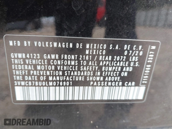 2020 Volkswagen Jetta S with VIN 3VWCB7BU0LM076901, listed as a IAAI auction lot 42589513 with 43,446 mi miles and . Bid and sale history available at DreamBid. Image 9.