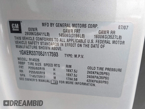 2008 GMC Acadia SLT2 with VIN 1GKER33708J117593, listed as a IAAI auction lot 41494715 with 245,279 mi miles. Bid and sale history available at carsss.com. Image 9.