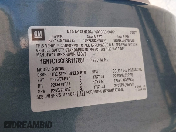 2008 Chevrolet Tahoe LS with VIN 1GNFC13C08R117881, listed as a IAAI auction lot 41216586 with 285,270 mi miles and . Bid and sale history available at DreamBid. Image 9.