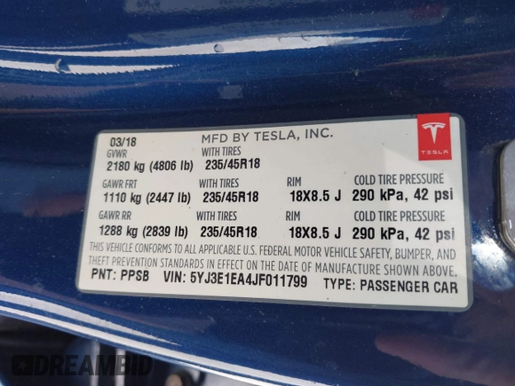 2018 Tesla Model 3 Long Range Battery with VIN 5YJ3E1EA4JF011799, listed as a IAAI auction lot 41765860 with 133,098 mi miles. Bid and sale history available at carsss.com. Image 9.