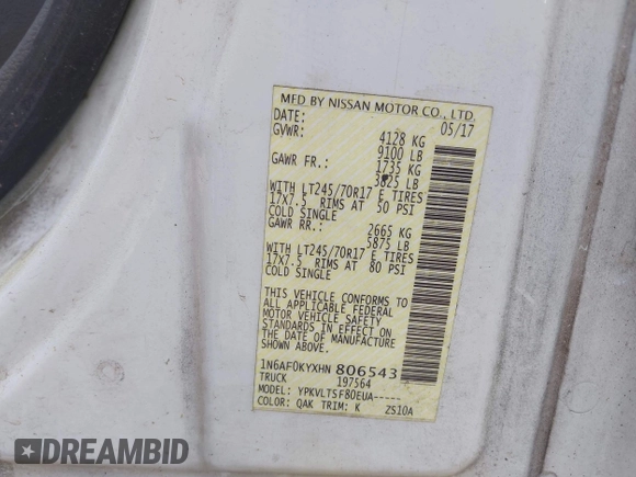 2017 Nissan NV SV с VIN 1N6AF0KYXHN806543, выставлен на аукционе IAAI как лот 42091203 с пробегом 278 626 миль миль и . История ставок и продаж доступна на DreamBid. Изображение 9.
