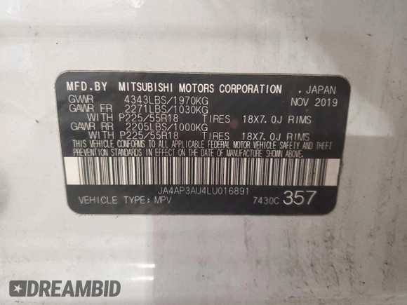 2020 Mitsubishi Outlander ES with VIN JA4AP3AU4LU016891, listed as a Copart auction lot 53312175 with 202,383 mi miles and Salvage title. Bid and sale history available at DreamBid. Image 14.