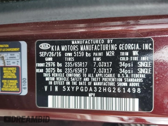 2017 Kia Sorento LX with VIN 5XYPGDA32HG261498, listed as a Copart auction lot 58958185 with 129,744 mi miles and Clean title. Bid and sale history available at DreamBid. Image 13.