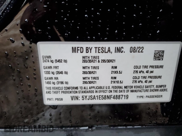 2022 Tesla Model S z VIN 5YJSA1E58NF488719, wystawiony jako Copart lot #81804213 z przebiegiem Nie podano mil oraz Szkoda całkowita • Salvage title. Historia ofert i sprzedaży dostępna na DreamBid. Obrazek 12.