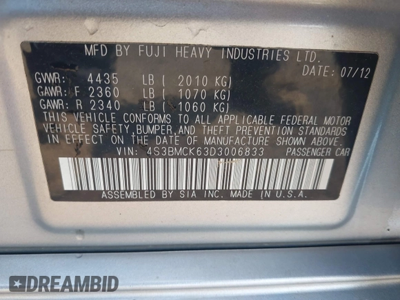 2013 Subaru Legacy Limited with VIN 4S3BMCK63D3006833, listed as a IAAI auction lot 42470849 with 135,474 mi miles and . Bid and sale history available at DreamBid. Image 9.