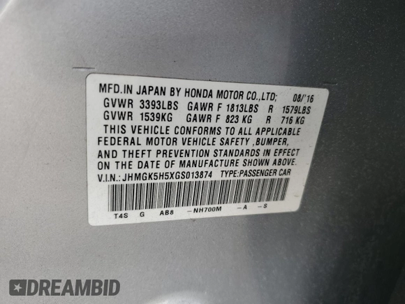 2016 Honda Fit LX with VIN JHMGK5H5XGS013874, listed as a Copart auction lot 52642085 with 73,953 mi miles and Salvage Title. Bid and sale history available at carsss.com. Image 14.