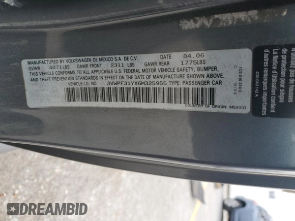 2006 Volkswagen Beetle with VIN 3VWPF31YX6M325955, listed as a Copart auction lot 84736334 with 21,672 mi miles and Clean title. Bid and sale history available at DreamBid. Image 12.