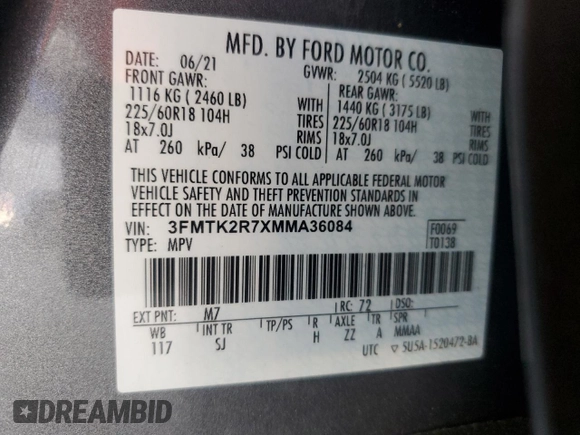 2021 Ford Mustang Mach-E California Route 1 with VIN 3FMTK2R7XMMA36084, listed as a Copart auction lot 54714775 with 59,087 mi miles and Salvage title. Bid and sale history available at DreamBid. Image 13.