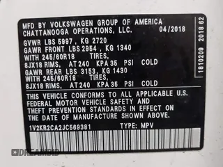 2018 Volkswagen Atlas SE with VIN 1V2KR2CA2JC569381, listed as a IAAI auction lot 41843200 with 87,769 mi miles and . Bid and sale history available at DreamBid. Image 9.