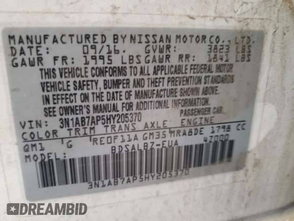 2017 Nissan Sentra S with VIN 3N1AB7AP5HY205370, listed as a Copart auction lot 49999785 with 102,252 mi miles and Clean Title. Bid and sale history available at DreamBid. Image 12.