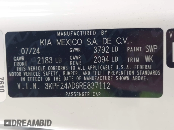 2024 Kia Forte LXS with VIN 3KPF24AD6RE837112, listed as a IAAI auction lot 41725431 with 7,784 mi miles. Bid and sale history available at carsss.com. Image 9.