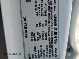 2021 Tesla Model 3 Long Range z VIN 5YJ3E1EB1MF049049, wystawiony jako Copart lot #58432885 z przebiegiem 22 185 mil mil oraz Szkoda całkowita • Salvage title. Historia ofert i sprzedaży dostępna na DreamBid. Obrazek 12.
