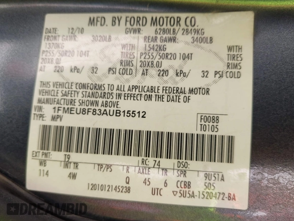2010 Ford Explorer Limited z VIN 1FMEU8F83AUB15512, wystawiony jako IAAI lot #41644024 z przebiegiem 179 883 mil mil oraz . Historia ofert i sprzedaży dostępna na DreamBid. Obrazek 9.