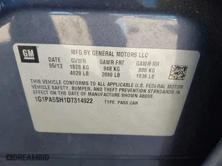2013 Chevrolet Cruze LS with VIN 1G1PA5SH1D7314922, listed as a IAAI auction lot 42038088 with 121,811 mi miles. Bid and sale history available at carsss.com. Image 9.