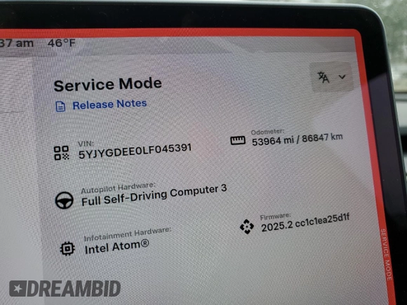 2020 Tesla Model Y Long Range with VIN 5YJYGDEE0LF045391, listed as a Copart auction lot 45642765 with 53,964 mi miles and Salvage Title. Bid and sale history available at DreamBid. Image 9.