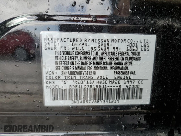 2024 Nissan Sentra SV with VIN 3N1AB8CV8RY341219, listed as a Copart auction lot 46607095 with Not Provided miles and Non Repairable. Bid and sale history available at DreamBid. Image 13.