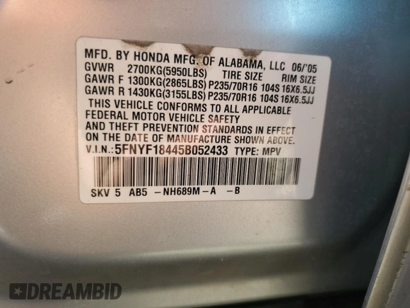 2005 Honda Pilot EX with VIN 5FNYF18445B052433, listed as a Copart auction lot 53130275 with 209,053 mi miles and Salvage Title. Bid and sale history available at carsss.com. Image 15.