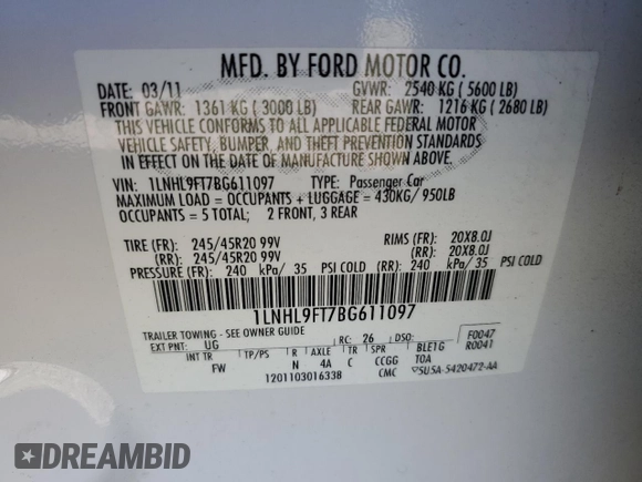 2011 Lincoln MKS EcoBoost with VIN 1LNHL9FT7BG611097, listed as a Copart auction lot 48180885 with 140,262 mi miles and Salvage title. Bid and sale history available at DreamBid. Image 12.