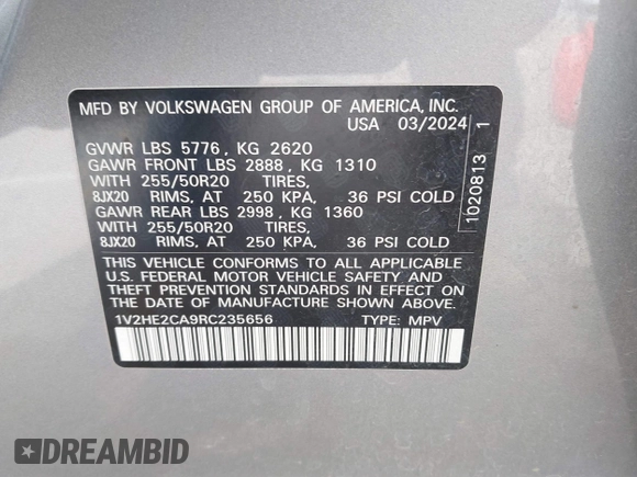2024 Volkswagen Atlas SE с VIN 1V2HE2CA9RC235656, выставлен на аукционе IAAI как лот 42203072 с пробегом 31 500 миль миль и . История ставок и продаж доступна на DreamBid. Изображение 9.