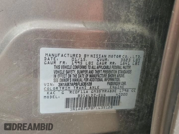2015 Nissan Sentra SV with VIN 3N1AB7AP8FL635128, listed as a Copart auction lot 53546145 with 203,270 mi miles and Salvage Title. Bid and sale history available at DreamBid. Image 12.