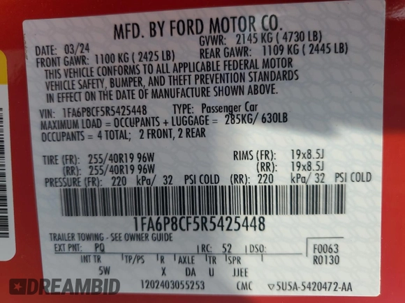 2024 Ford Mustang GT with VIN 1FA6P8CF5R5425448, listed as a Copart auction lot 55975225 with 9,391 mi miles and Salvage title. Bid and sale history available at DreamBid. Image 12.