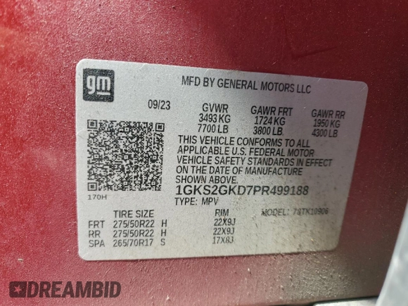 2023 GMC Yukon XL SLT z VIN 1GKS2GKD7PR499188, wystawiony jako Copart lot #54093875 z przebiegiem 32 387 mil mil oraz Szkoda całkowita • Salvage title. Historia ofert i sprzedaży dostępna na DreamBid. Obrazek 13.