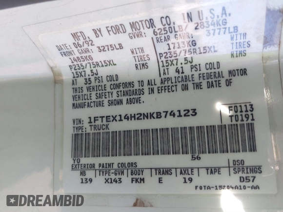 1992 Ford F-150 with VIN 1FTEX14H2NKB74123, listed as a IAAI auction lot 41883058 with 176,880 mi miles and . Bid and sale history available at DreamBid. Image 9.