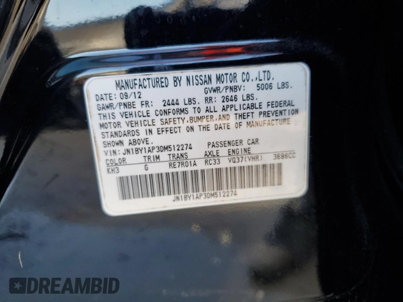 2013 Infiniti M37 with VIN JN1BY1AP3DM512274, listed as a Copart auction lot 80187604 with 153,988 mi miles and Salvage Title. Bid and sale history available at carsss.com. Image 12.