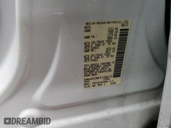 2021 Nissan Titan S with VIN 1N6AA1EC2MN529675, listed as a Copart auction lot 86612844 with 56,597 mi miles and Salvage title. Bid and sale history available at DreamBid. Image 12.