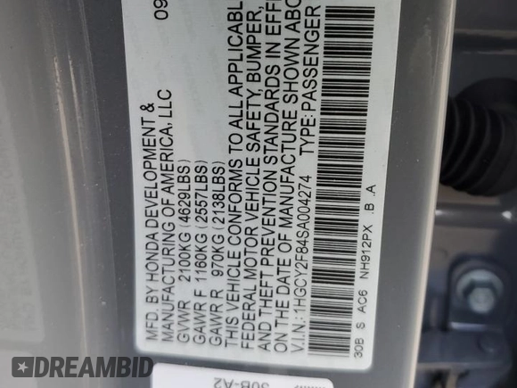 2025 Honda Accord Touring with VIN 1HGCY2F84SA004274, listed as a Copart auction lot 55916415 with 5,285 mi miles and Salvage title. Bid and sale history available at DreamBid. Image 12.