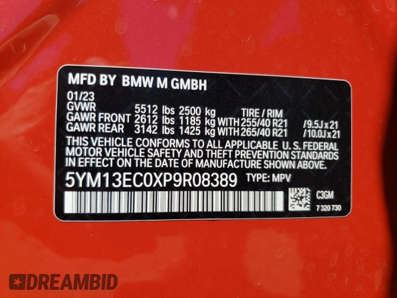2023 BMW X3 M z VIN 5YM13EC0XP9R08389, wystawiony jako Copart lot #60077684 z przebiegiem 27 959 mil mil oraz Szkoda całkowita • Salvage title. Historia ofert i sprzedaży dostępna na DreamBid. Obrazek 12.
