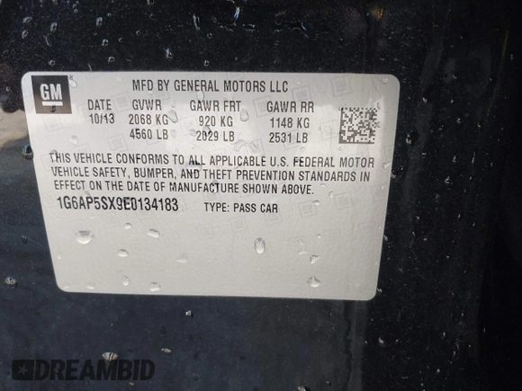 2014 Cadillac CTS RWD with VIN 1G6AP5SX9E0134183, listed as a IAAI auction lot 42190674 with 59,603 mi miles and . Bid and sale history available at DreamBid. Image 9.