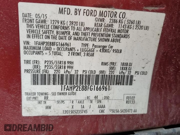 2015 Ford Taurus SEL with VIN 1FAHP2E88FG166961, listed as a Copart auction lot 61429255 with 124,780 mi miles and Salvage title. Bid and sale history available at DreamBid. Image 12.