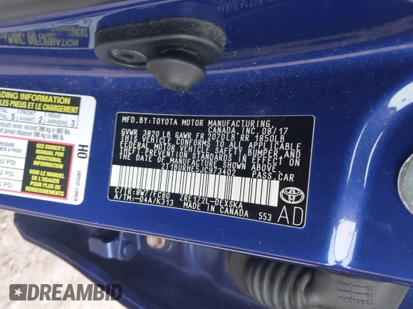 2018 Toyota Corolla L with VIN 2T1BURHE5JC973402, listed as a IAAI auction lot 42221771 with 47,282 mi miles and . Bid and sale history available at DreamBid. Image 9.