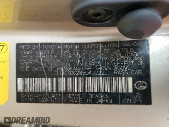 2004 Lexus ES 350 с VIN JTHBA30G245040222, выставлен на аукционе Copart как лот 59335674 с пробегом Не указан миль и На запчасти • Non repairable. История ставок и продаж доступна на DreamBid. Изображение 12.