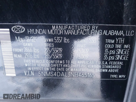 2022 Hyundai Santa Fe Limited with VIN 5NMS4DAL3NH465165, listed as a IAAI auction lot 41362783 with 31,841 mi miles. Bid and sale history available at carsss.com. Image 9.
