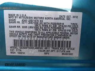 2013 Mitsubishi Outlander Sport SE with VIN 4A4AR4AU5DE007157, listed as a IAAI auction lot 42018513 with 72,902 mi miles. Bid and sale history available at carsss.com. Image 9.