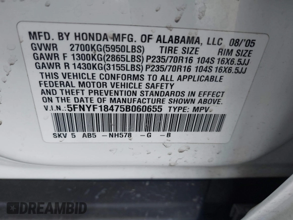 2005 Honda Pilot EX with VIN 5FNYF18475B060655, listed as a IAAI auction lot 41381619 with 142,680 mi miles and . Bid and sale history available at DreamBid. Image 9.