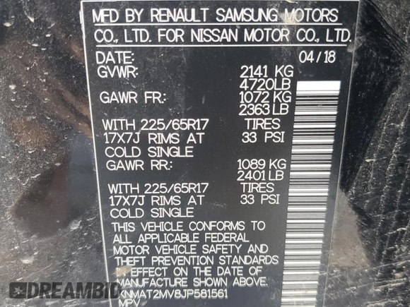 2018 Nissan Rogue SV z VIN KNMAT2MV8JP581561, wystawiony jako Copart lot #47267945 z przebiegiem 105 130 mil mil oraz Szkoda całkowita • Salvage title. Historia ofert i sprzedaży dostępna na DreamBid. Obrazek 13.
