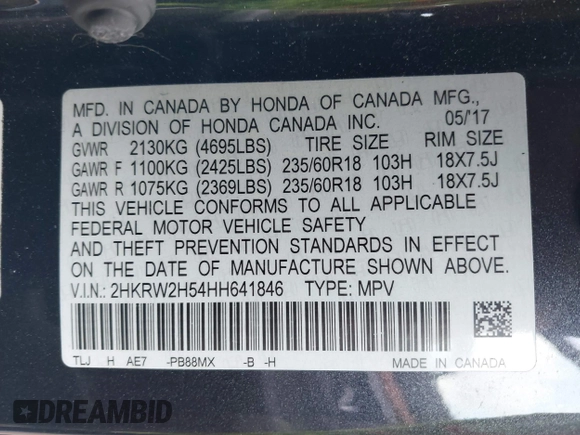 2017 Honda CR-V EX with VIN 2HKRW2H54HH641846, listed as a IAAI auction lot 41872869 with 67,520 mi miles. Bid and sale history available at carsss.com. Image 9.