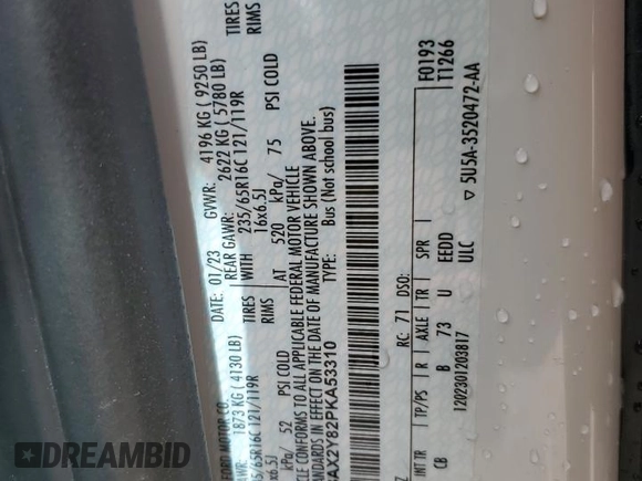 2023 Ford Transit Passenger XL с VIN 1FBAX2Y82PKA53310, выставлен на аукционе Copart как лот 58484565 с пробегом Не указан миль и Списание • Salvage title. История ставок и продаж доступна на DreamBid. Изображение 13.